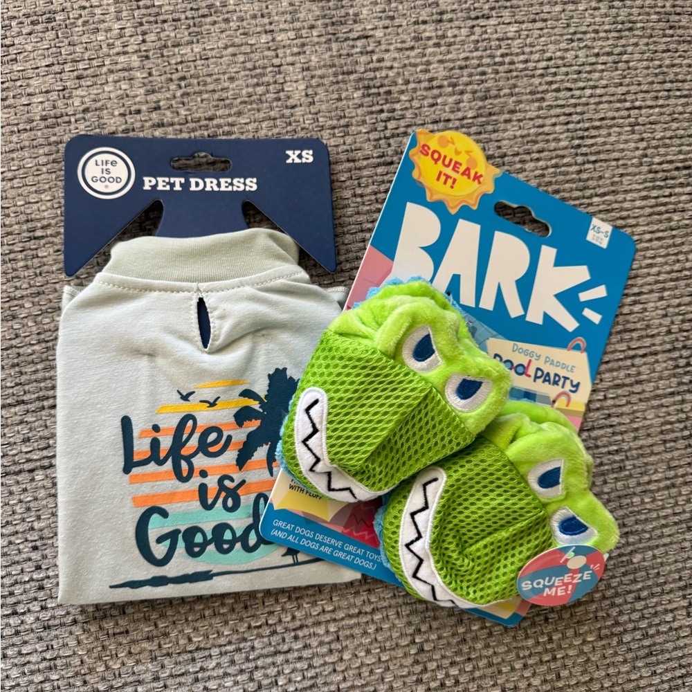 Life Is Good Mint Pet Dress with Lime Green Bark Squeak Toys